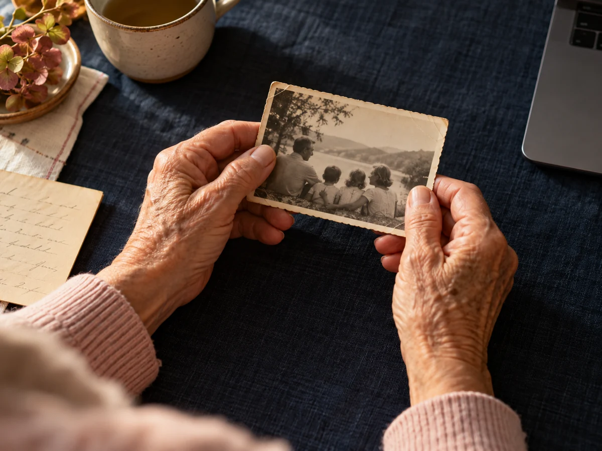 AI-generated illustration of older hands holding a family photograph beside a cup and laptop.